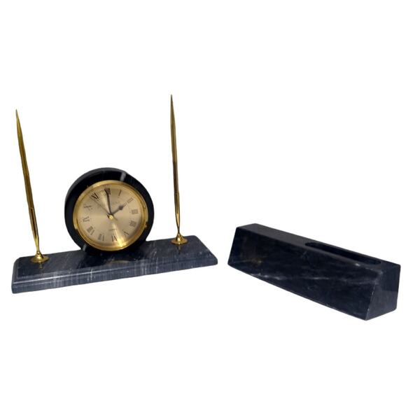 Marble Executive Desk Stationary Clock / Pen Holder, Name Plate / Card Holder - Picture 1 of 12
